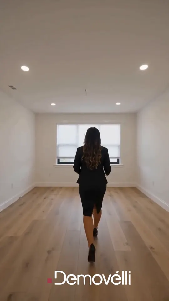 Apresentadora da Demovélli de costas entrando em um quarto vazio, piso de madeira e janela ao fundo.