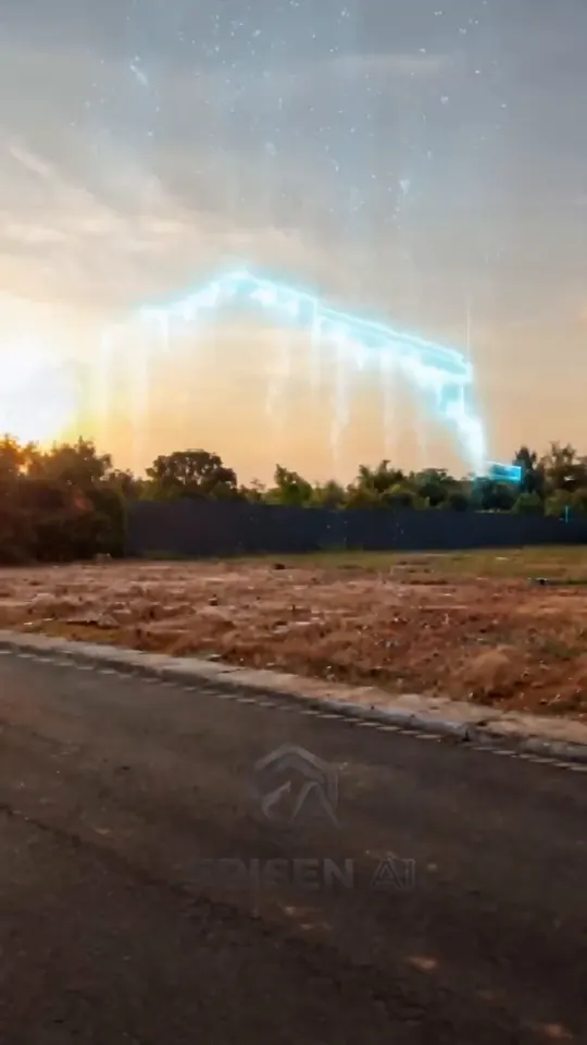 Lote vazio de terra ao pôr do sol, com o contorno da casa desenhado em luz no céu.