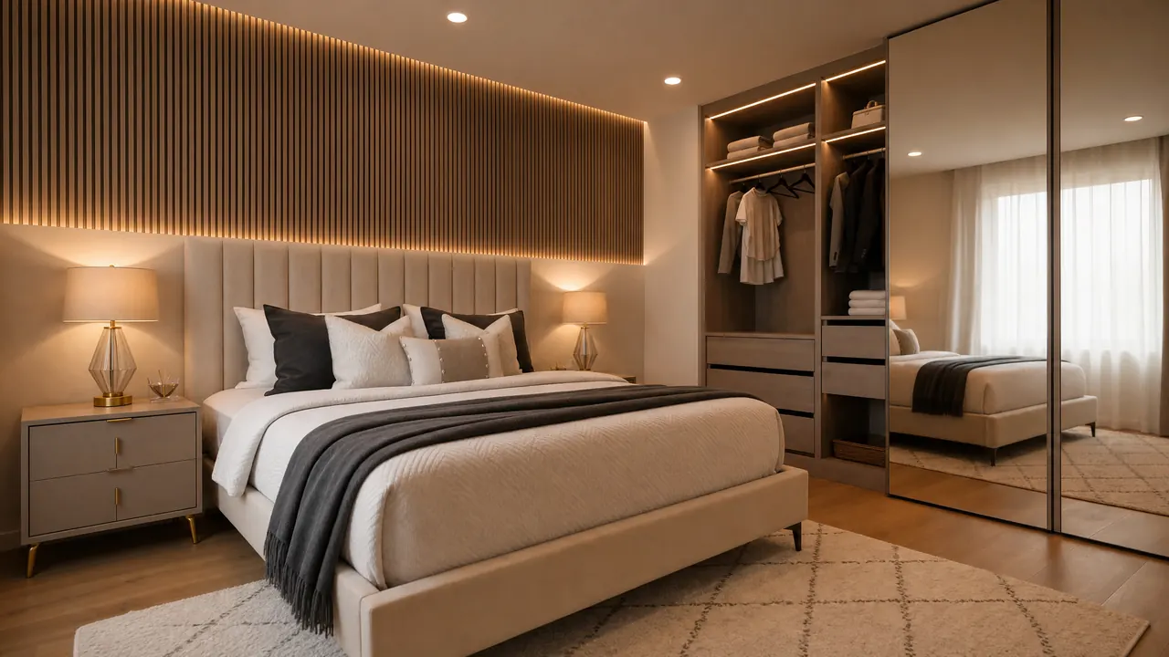 Capa do case Demovélli: quarto planejado à meia-luz, com painel ripado iluminado e armário aberto.