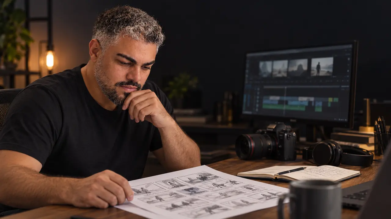 Imagem conceitual: Erick Antunes estuda uma folha de storyboard impressa em uma mesa de edição, com monitor, câmera e caderno de anotações ao redor.