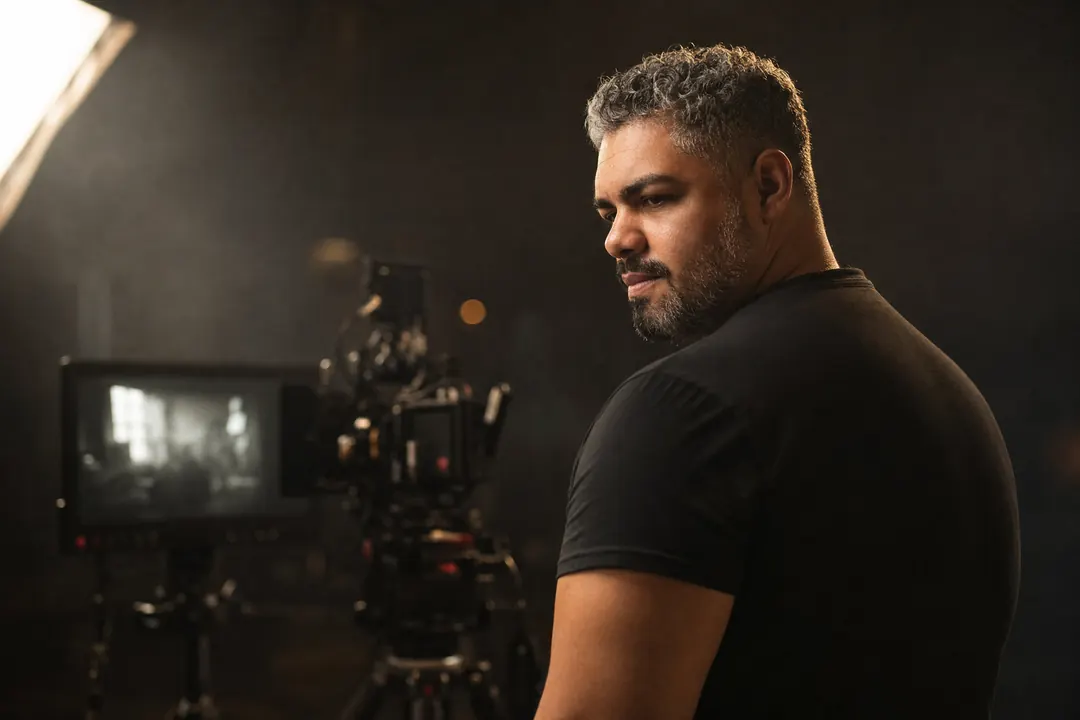 Erick Antunes de costas, em três quartos, num set escuro, observando a tomada; ao fundo, câmera de cinema no tripé e monitor de referência.