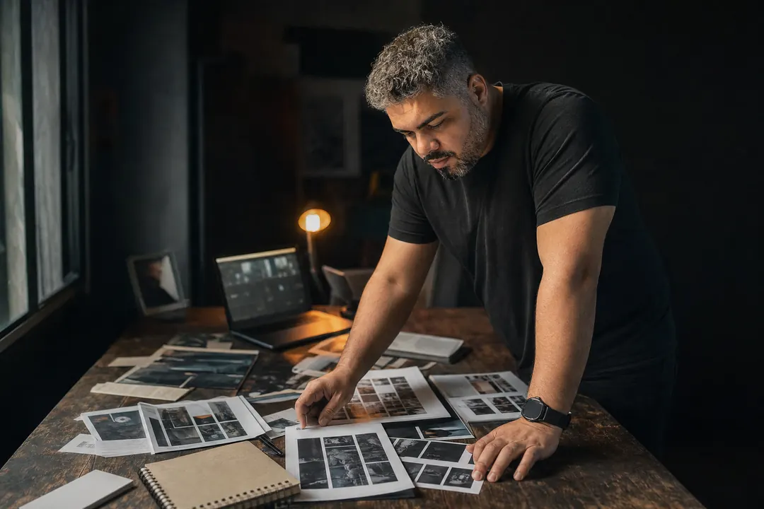 Erick Antunes inclinado sobre uma mesa de madeira escura, organizando storyboards e fotos impressas sob luz de janela e uma luminária quente.