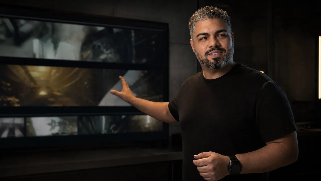 Erick Antunes em aula, de camiseta preta, apontando para uma tela grande com frames de filme enquanto explica a composição.